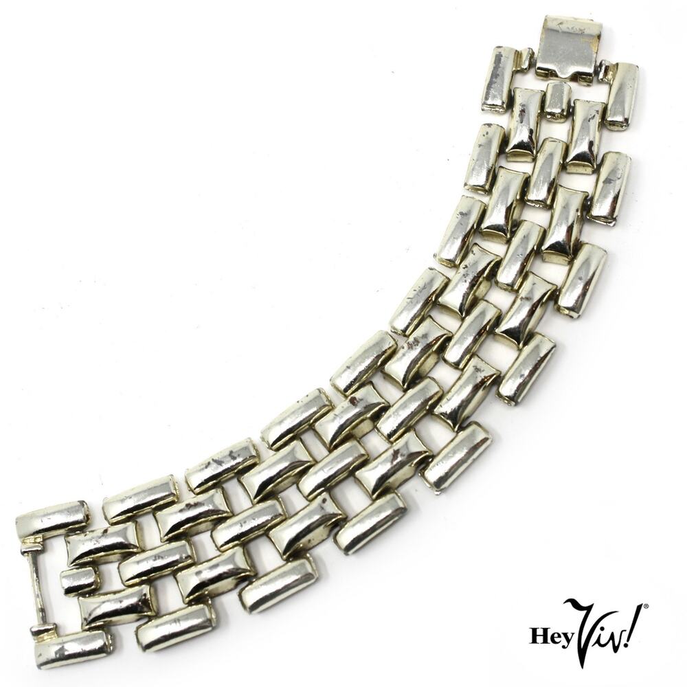 Vintage Silver Tone Wide Link Bracelet Art Deco Geometric 7 1/4" – Hey Viv